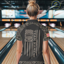 Load image into Gallery viewer, Woman wearing personalized retro camo US flag patriotic bowling polo shirt back view.