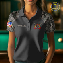 Load image into Gallery viewer, Woman wearing personalized retro camo US flag 8 ball pool billiard polo shirt front view.