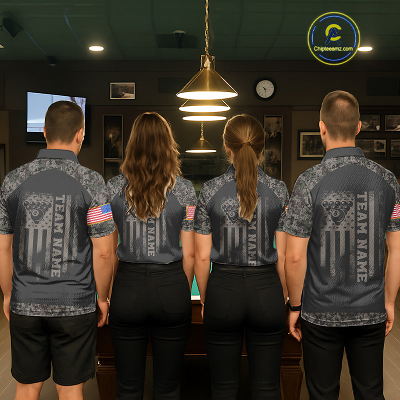 Billiard team wearing matching retro camo US flag 8 ball pool jerseys back view.