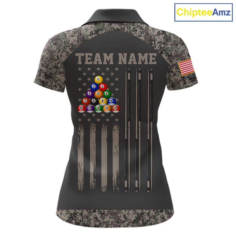 Personalized retro camo US flag patriotic 8 ball pool billiard team jersey polo shirt for women, custom pool league apparel and tournament jersey.