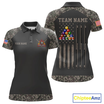 Personalized retro camo US flag patriotic 8 ball pool billiard team jersey polo shirt for women, custom pool league apparel and tournament jersey.