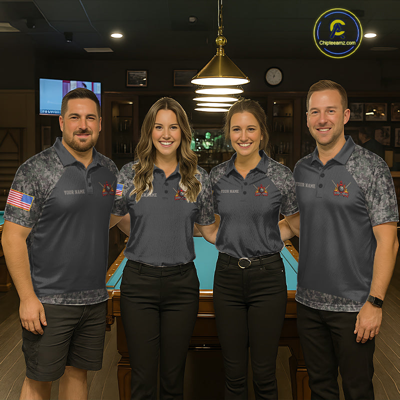 Billiard team wearing matching retro camo US flag patriotic 8 ball pool jerseys front view.