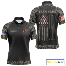 Load image into Gallery viewer, Personalized retro camo US flag patriotic 8 ball pool billiard team jersey polo shirt for men, custom pool league apparel and tournament jersey.
