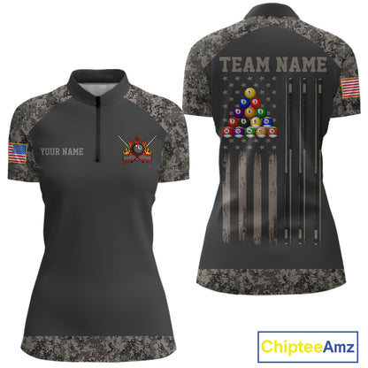 Personalized retro camo US flag patriotic 8 ball pool billiard quarter zip shirt for women, custom patriotic pool team jersey.
