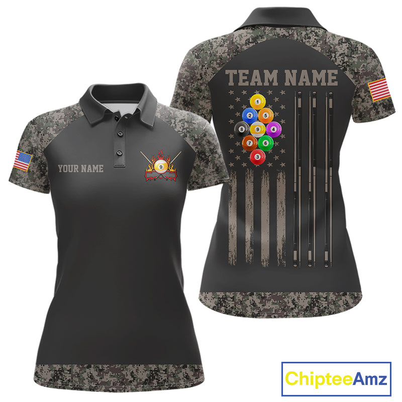 Personalized retro camo US flag patriotic 9 ball pool billiard team jersey polo shirt for women, custom pool league apparel and tournament jersey.