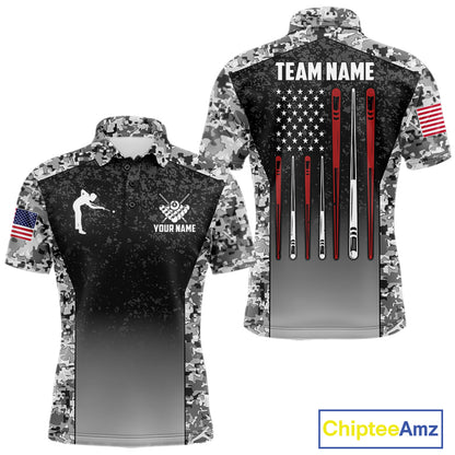 Black and white camo US flag 8 ball pool billiard team jersey polo shirt for men, custom patriotic pool league apparel and tournament jersey.