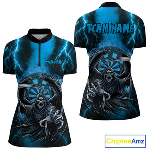 Personalized Blue Grim Reaper Thunder Lightning Darts Shirt For Women, 3D Darts Team Jerseys TDM4532