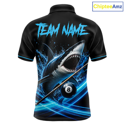 Black And Blue 8 Ball Shark Billiard League Shirts For Men Custom Pool Team Jersey Polo & 1/4 Zip TDM7165