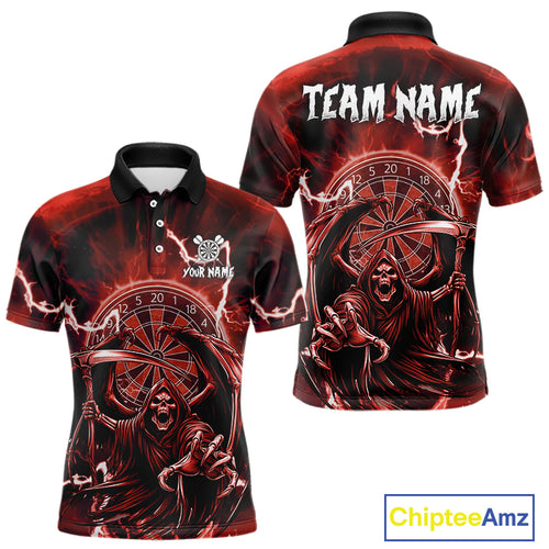 Red Grim Reaper Lightning 3D Darts Shirt For Men Custom Darts Jersey Team Polo &  1/4 Zip TDM4953