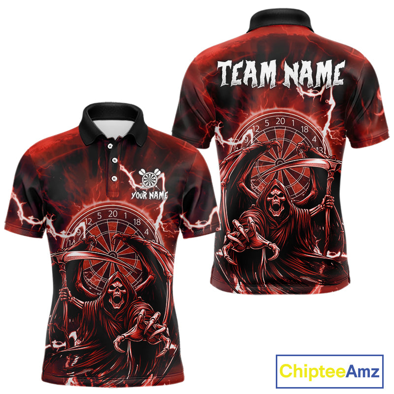 Red Grim Reaper Lightning 3D Darts Shirt For Men Custom Darts Jersey Team Polo &  1/4 Zip TDM4953