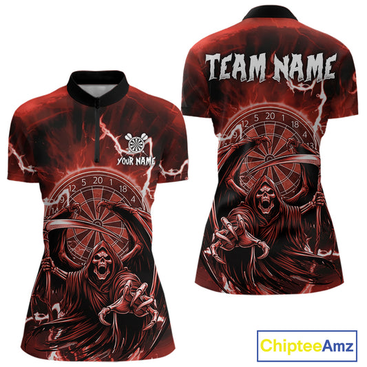 Red Grim Reaper Lightning 3D Darts Shirt For Women Custom Darts Jersey Team Polo &  1/4 Zip TDM4953