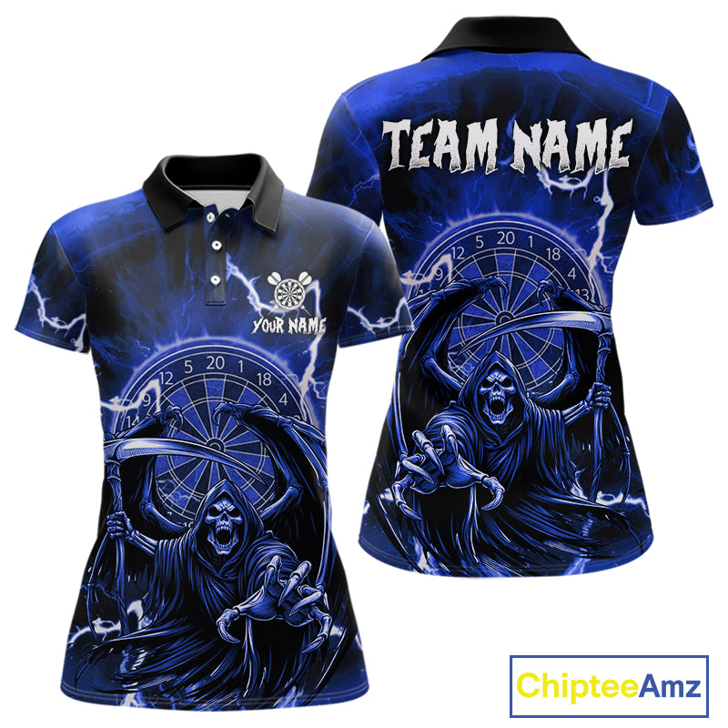 Blue Grim Reaper Lightning 3D Darts Shirt For Women Custom Darts Jersey Team Polo &  1/4 Zip TDM4954