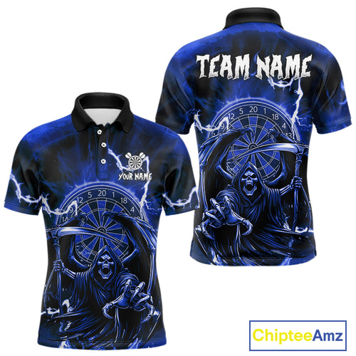 Blue Grim Reaper Lightning 3D Darts Shirt For Men Custom Darts Jersey Team Polo &  1/4 Zip TDM4954