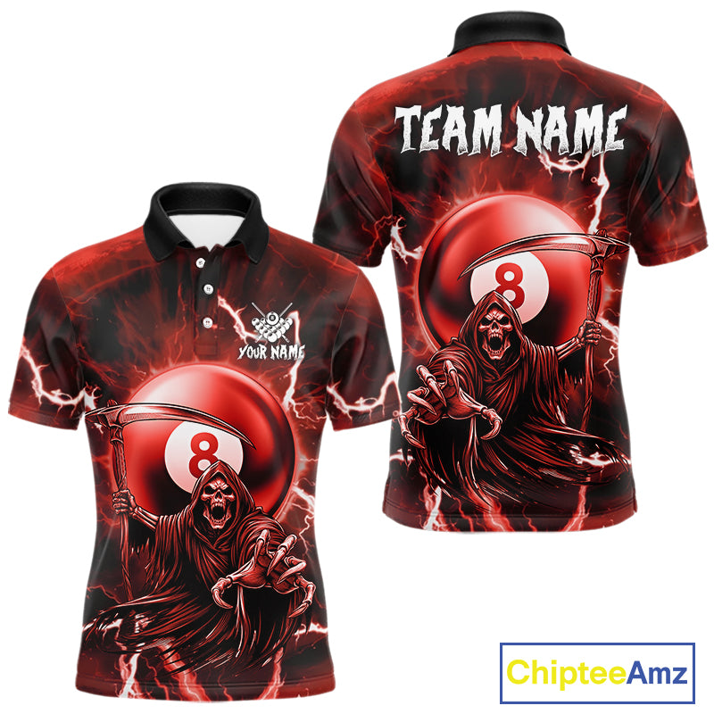 Red Grim Reaper 8 Ball Billiard Shirt For Men Custom Lightning Pool Team Jersey Polo & 1/4 Zip TDM4956