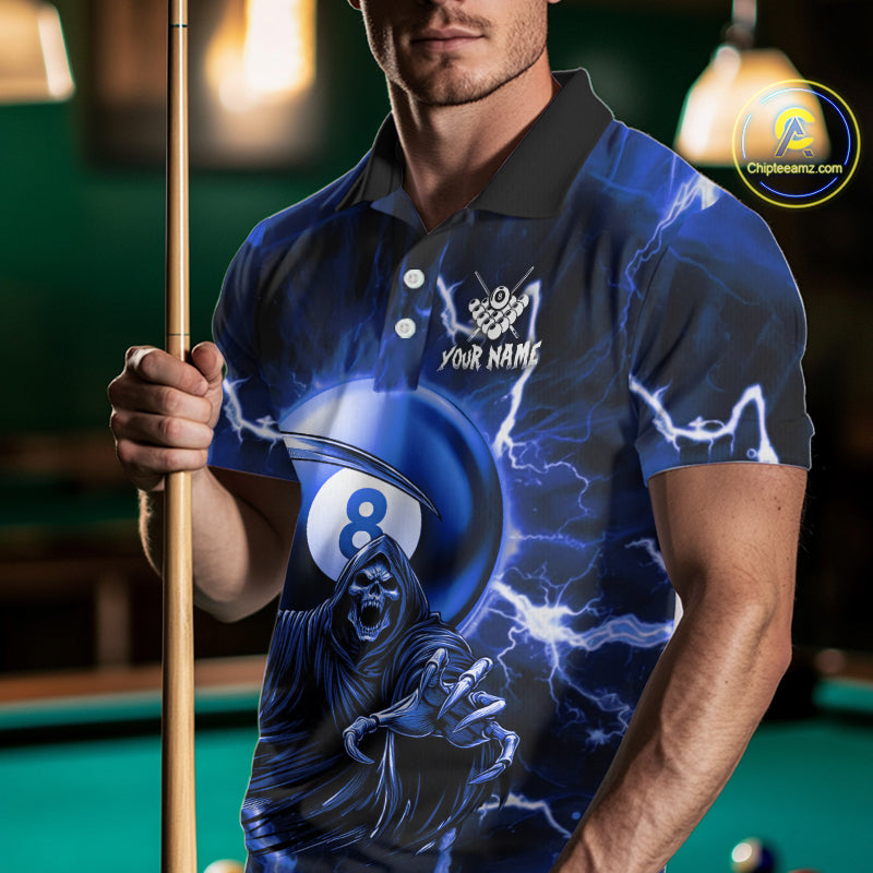 Blue Grim Reaper 8 Ball Billiard Shirt For Men Custom Lightning Pool Team Jersey Polo & 1/4 Zip TDM4957