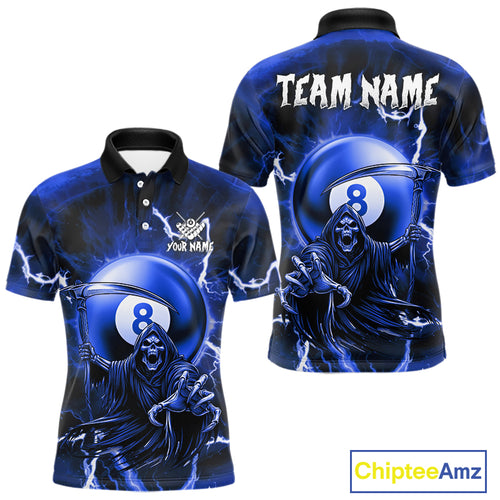 Blue Grim Reaper 8 Ball Billiard Shirt For Men Custom Lightning Pool Team Jersey Polo & 1/4 Zip TDM4957