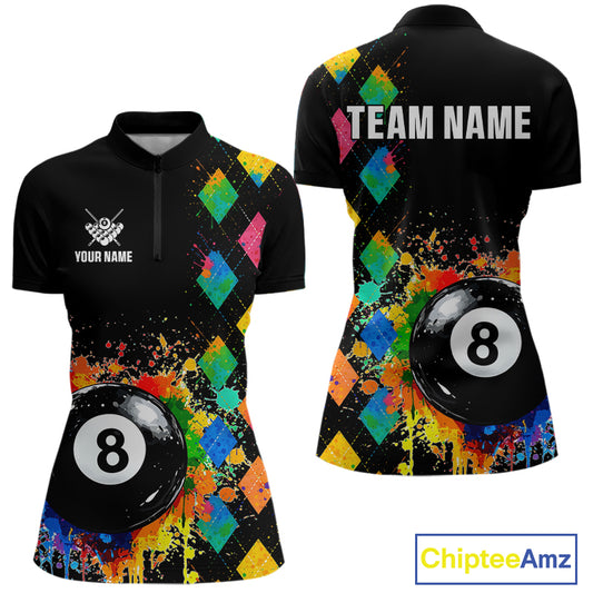Funny 8 Ball Pool Paint Colorful Argyle Custom Billiard Shirt For Women, Best Pool Team Jersey TDM4961