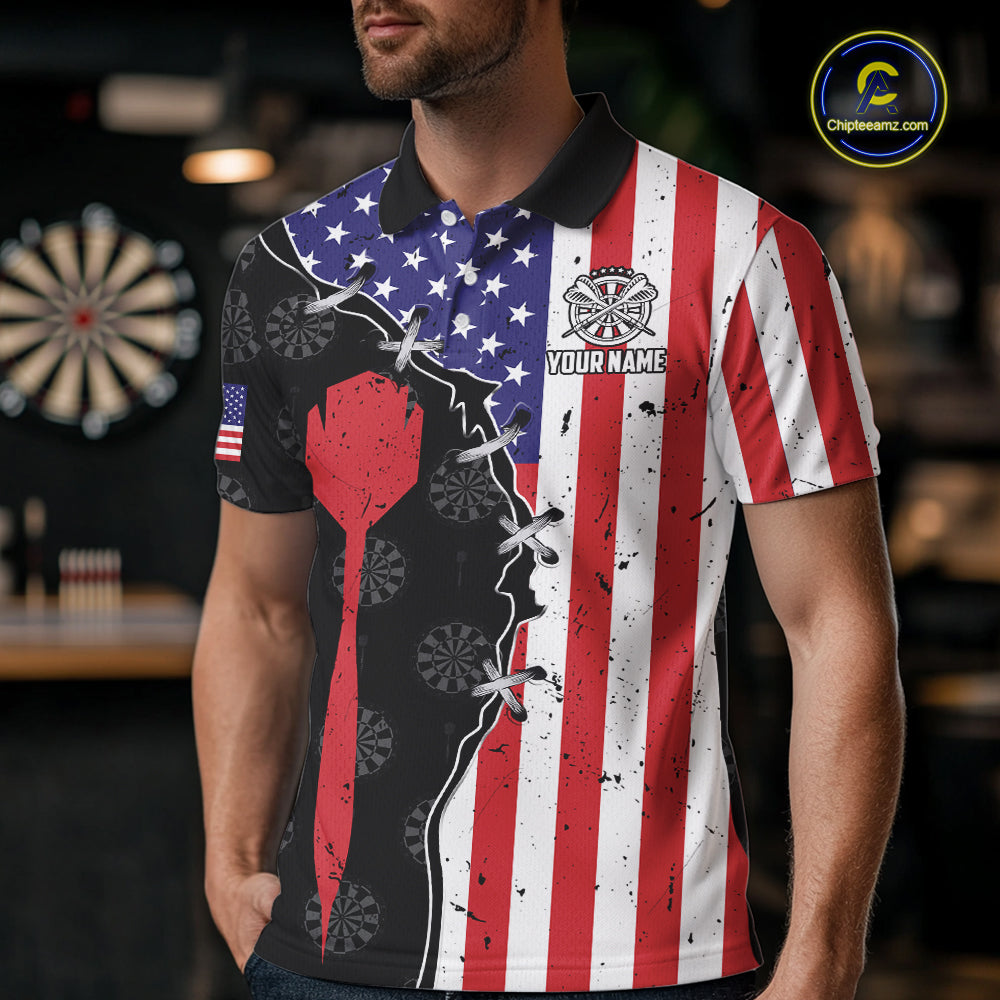 Retro American Flag Patriotic Darts Shirt For Men Custom Darts Team Jersey Polo & Quarter Zip TDM5388