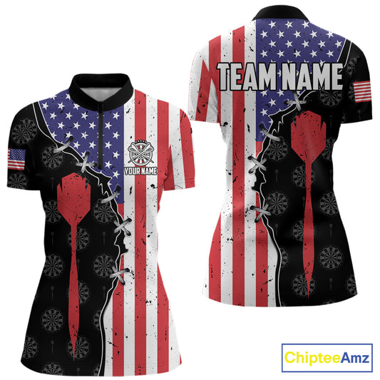 Retro American Flag Patriotic Darts Shirt For Women Custom Darts Team Jersey Polo & Quarter Zip TDM5388