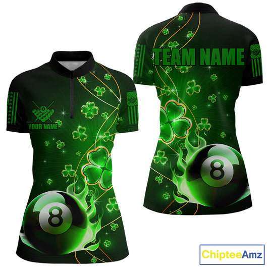 Green 8 Ball Pool Fire Luckiest Shamrock Women Billiard Shirt Custom St Patrick Day Billiard Jerseys TDM3389