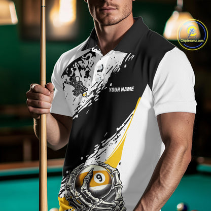 9 Ball Skeleton Custom Billiard Polo & 1/4 Zip Shirts For Men, Funny 9 Ball Pool Billiard Jerseys TDM5675