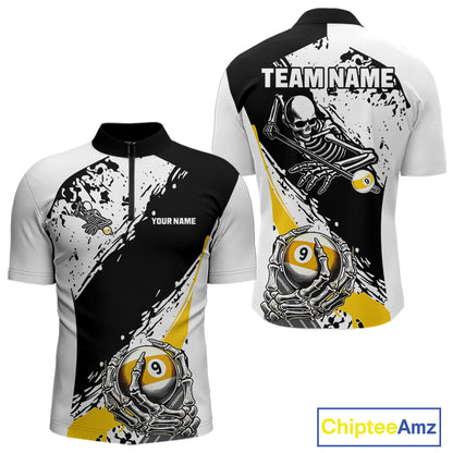 9 Ball Skeleton Custom Billiard Polo & 1/4 Zip Shirts For Men, Funny 9 Ball Pool Billiard Jerseys TDM5675