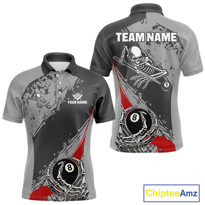 8 Ball Skeleton Custom Billiard Polo & 1/4 Zip For Men, Funny 8 Ball Pool Billiard Team Jersey|Red TDM5676
