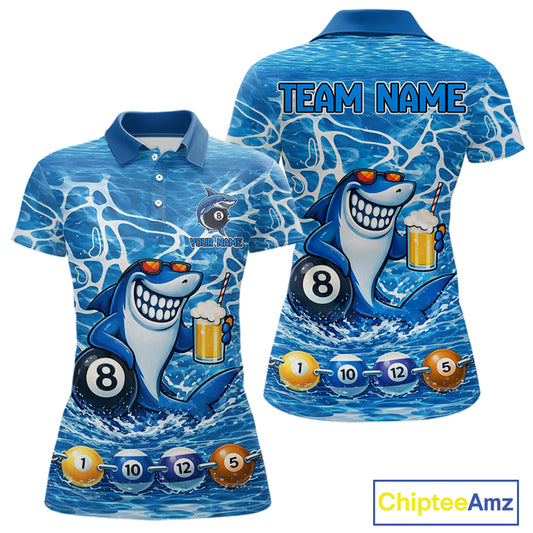 Blue Funny Shark 8 Ball Pool Billiard Shirt For Women Custom Billiard Team Jersey Polo & 1/4 Zip TDM5884