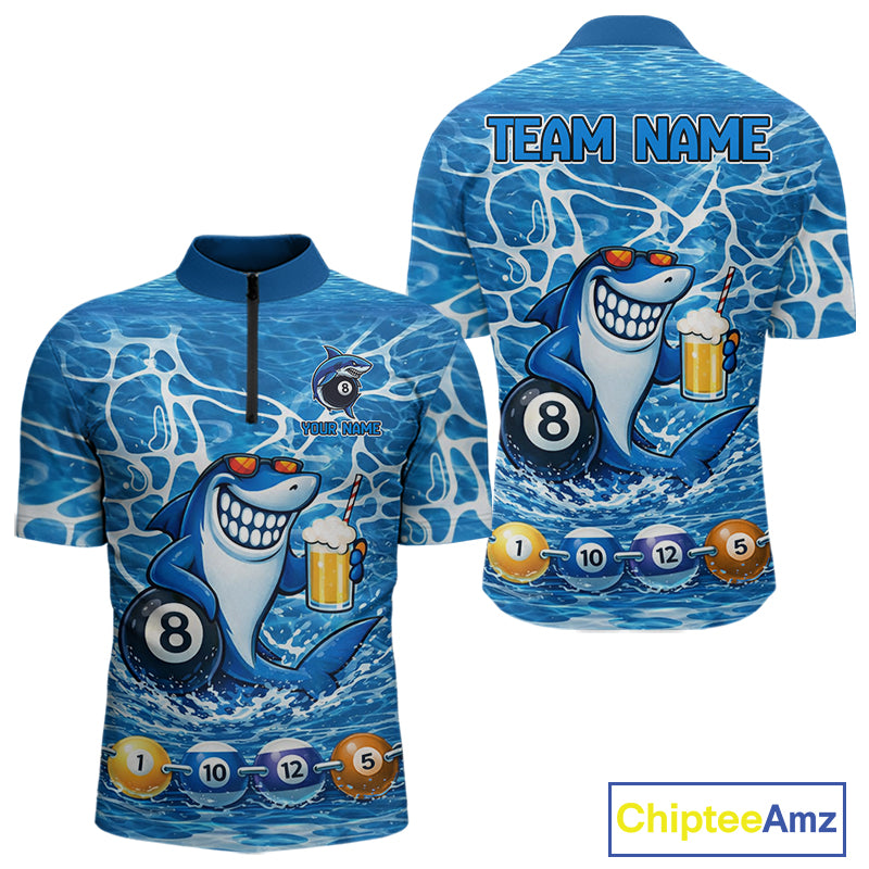 Blue Funny Shark 8 Ball Pool Billiard Shirt For Men Custom Billiard Team Jersey Polo & 1/4 Zip TDM5884