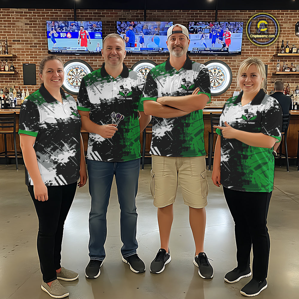 Custom Green Grunge Darts Shirt With Pocket Option For Women, Dart Team Jersey TDM5887