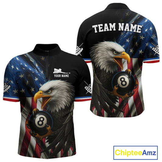 American Flag Eagle 8 Ball Mens Billiard Polo & 1/4 Zip Custom Patriotic Team Billiard Pool Jersey TDM3866