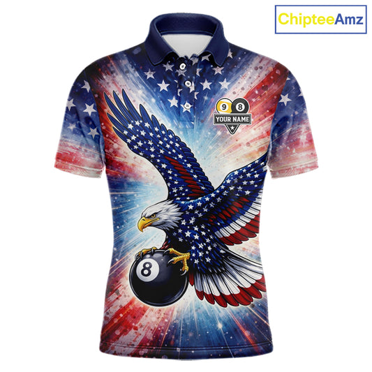Custom 8 Ball & 9 Ball American Flag Eagle Billiard Shirt For Men, Pool Team Jersey Polo & 1/4 Zip TDM6281