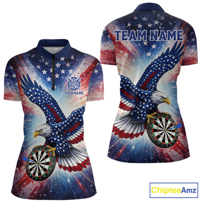 Personalized American Flag Eagle Darts Shirt For Women, Patriotic Darts Team Jersey Polo & 1/4 Zip TDM6283