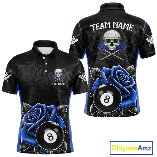 Black And Blue 8 Ball Pool And Roses Custom Skull Billiard Shirts For Men, Billiard Team Jersey TDM6286