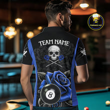 Load image into Gallery viewer, Black And Blue 8 Ball Pool And Roses Custom Skull Billiard Shirts For Men, Billiard Team Jersey TDM6286