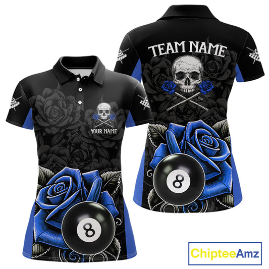 Black And Blue 8 Ball Pool And Roses Custom Skull Billiard Shirts For Women, Billiard Team Jersey TDM6286
