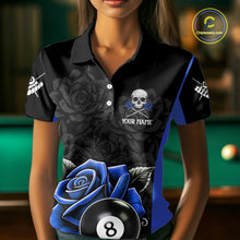 Load image into Gallery viewer, Black And Blue 8 Ball Pool And Roses Custom Skull Billiard Shirts For Women, Billiard Team Jersey TDM6286