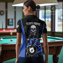 Load image into Gallery viewer, Black And Blue 8 Ball Pool And Roses Custom Skull Billiard Shirts For Women, Billiard Team Jersey TDM6286