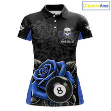 Load image into Gallery viewer, Black And Blue 8 Ball Pool And Roses Custom Skull Billiard Shirts For Women, Billiard Team Jersey TDM6286