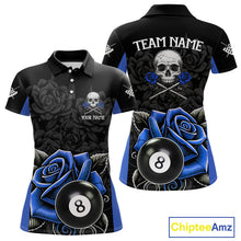 Load image into Gallery viewer, Black And Blue 8 Ball Pool And Roses Custom Skull Billiard Shirts For Women, Billiard Team Jersey TDM6286
