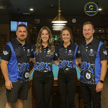 Load image into Gallery viewer, Black And Blue 8 Ball Pool And Roses Custom Skull Billiard Shirts For Women, Billiard Team Jersey TDM6286