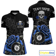 Load image into Gallery viewer, Black And Blue 8 Ball Pool And Roses Custom Skull Billiard Shirts For Women, Billiard Team Jersey TDM6286