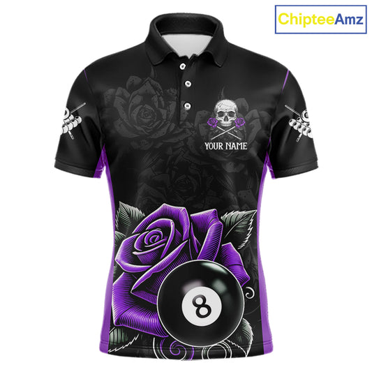 Black And Purple 8 Ball Pool And Roses Custom Skull Billiard Shirts For Men, Billiard Team Jersey TDM6287