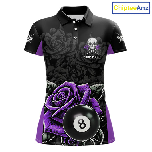 Black And Purple 8 Ball Pool And Roses Custom Skull Billiard Shirts For Women, Billiard Team Jersey TDM6287