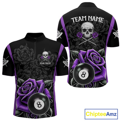 Black And Purple 8 Ball Pool And Roses Custom Skull Billiard Shirts For Men, Billiard Team Jersey TDM6287