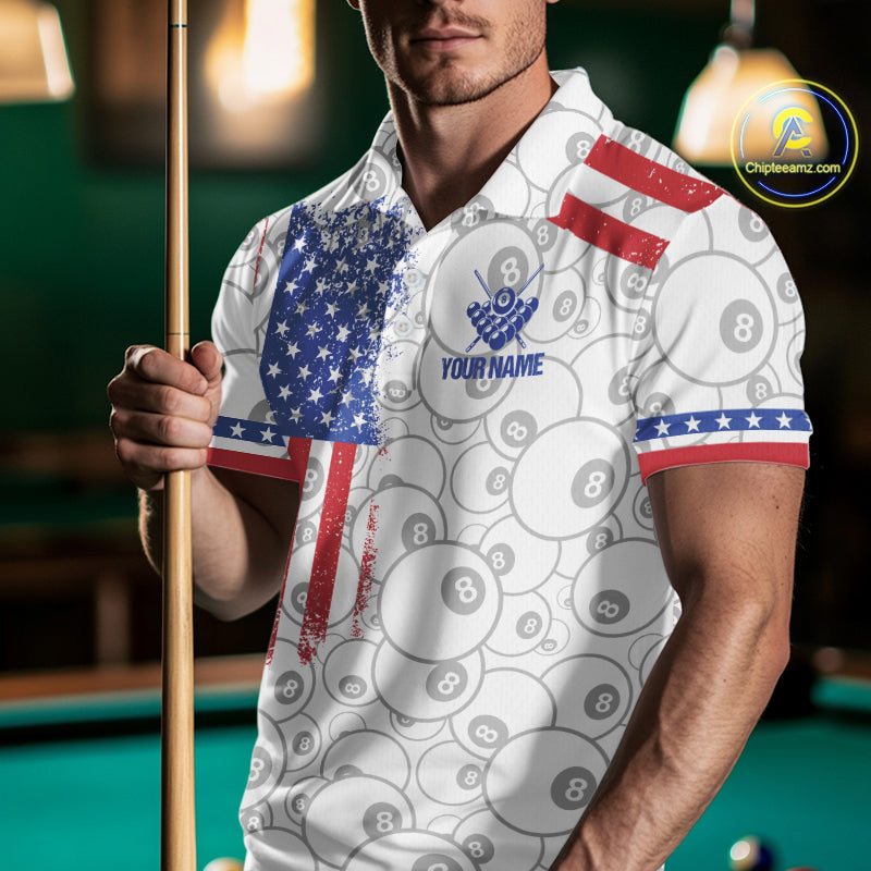 Man wearing a white American flag 8 ball billiard jersey beside a pool table front view.