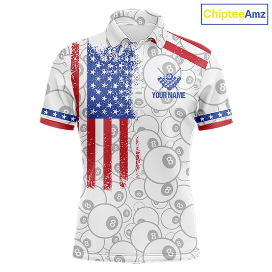 White American flag 8 ball billiard polo shirt for men with patriotic pool team graphics.