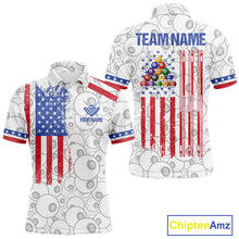Load image into Gallery viewer, White American flag 8 ball billiard polo shirt for men with patriotic pool team graphics.