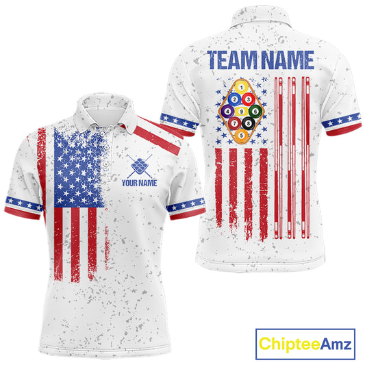 White American flag 9 ball billiard polo shirt for men with patriotic pool team graphics.
