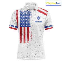Load image into Gallery viewer, White American flag 9 ball billiard polo shirt for men with patriotic pool team graphics.